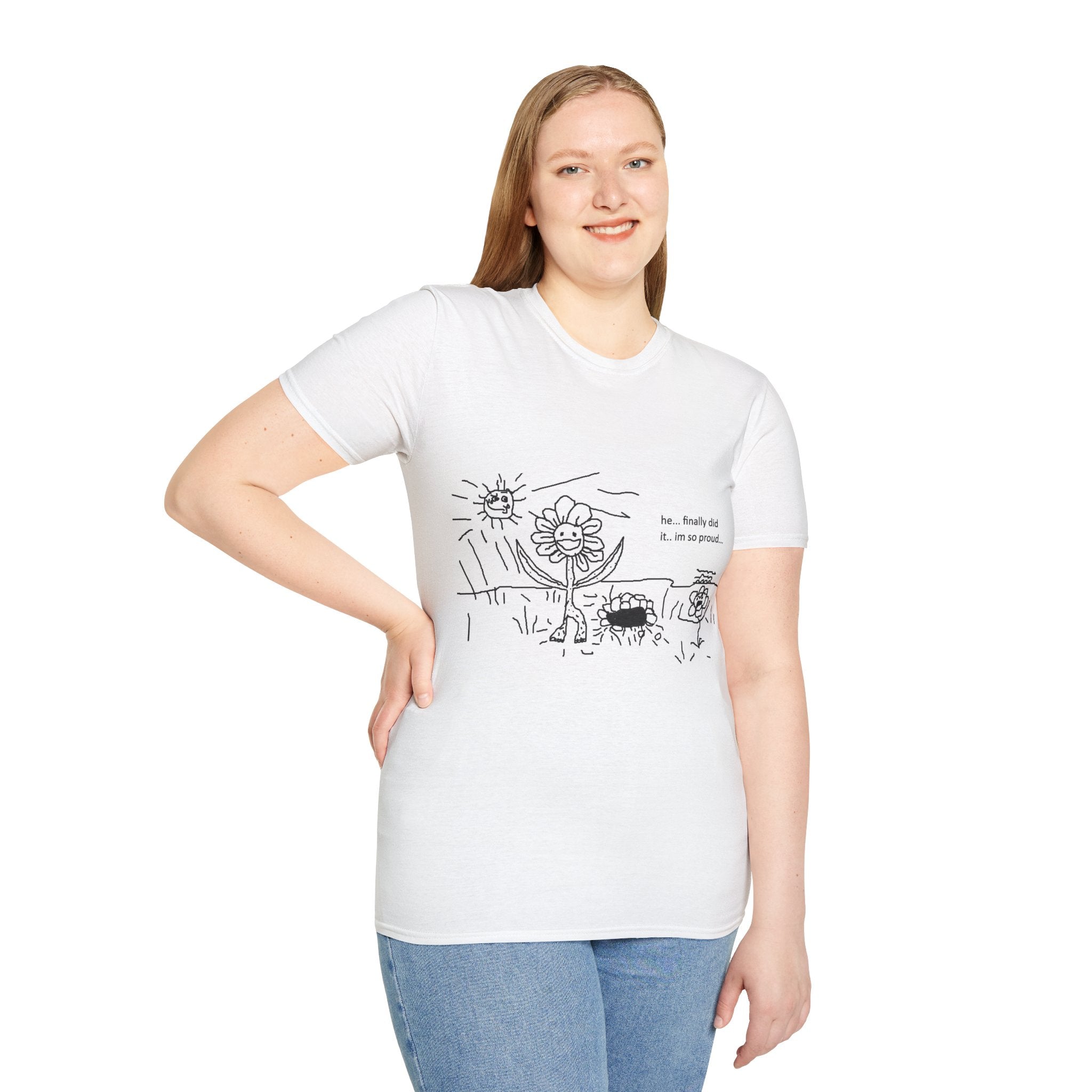 Flower Comic T‑Shirt — “he... finally did it. im so proud...” Cute Dark Humor Graphic Tee