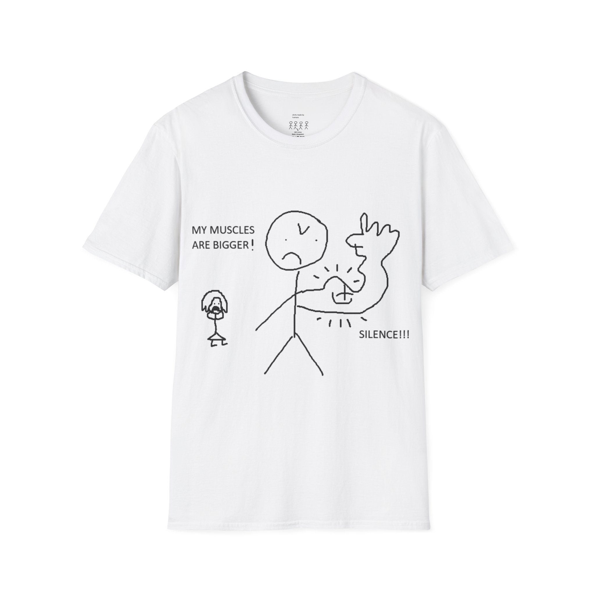 Funny Muscle Flex T-Shirt – 'My Muscles Are Bigger! Silence!!!' Stick Figure Gym Tee