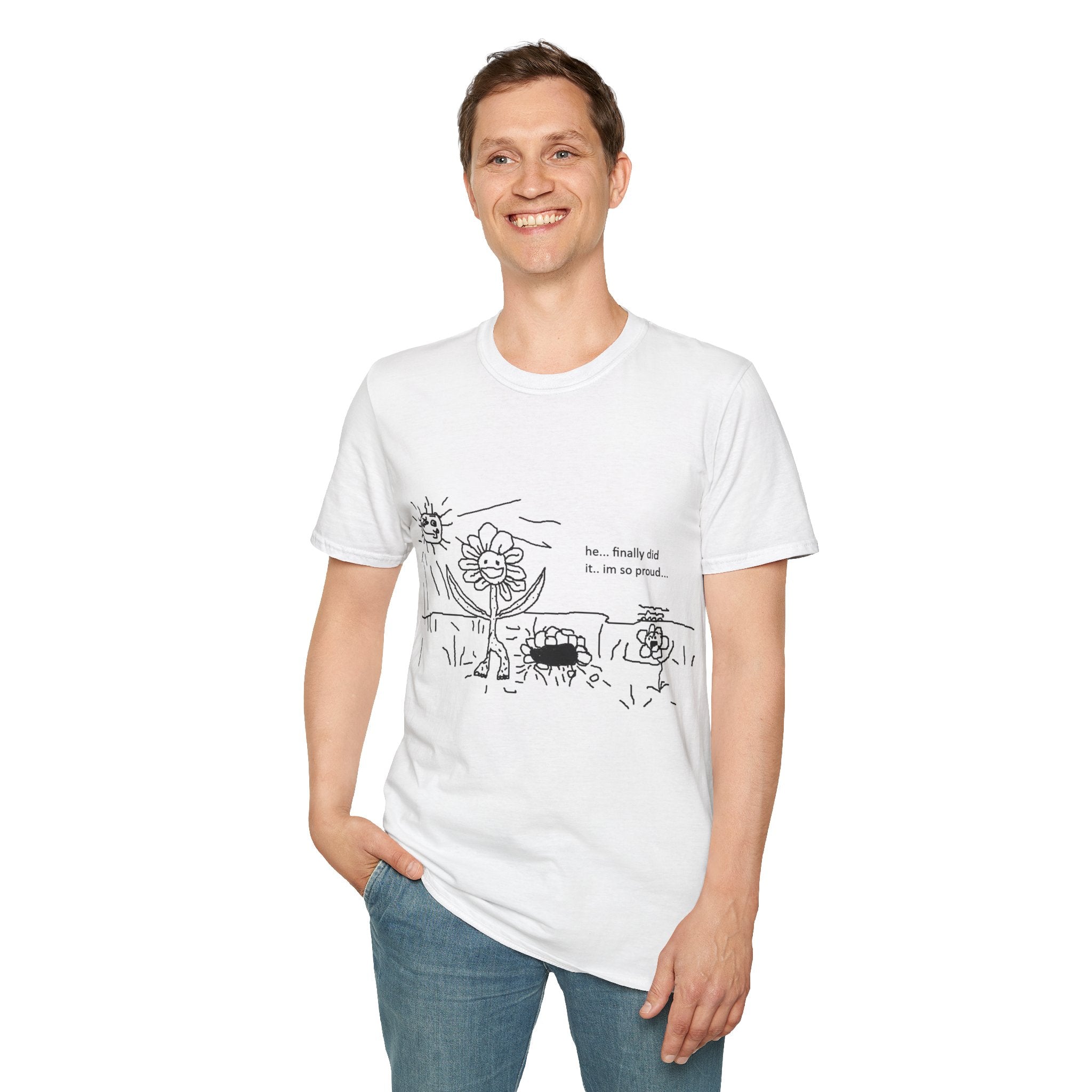 Flower Comic T‑Shirt — “he... finally did it. im so proud...” Cute Dark Humor Graphic Tee