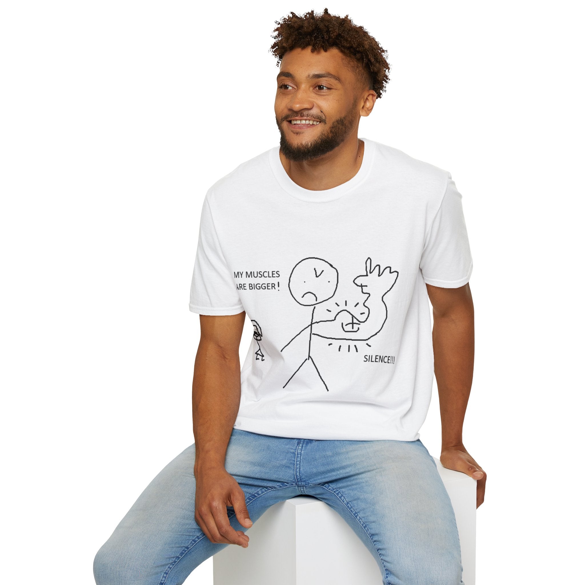 Funny Muscle Flex T-Shirt – 'My Muscles Are Bigger! Silence!!!' Stick Figure Gym Tee