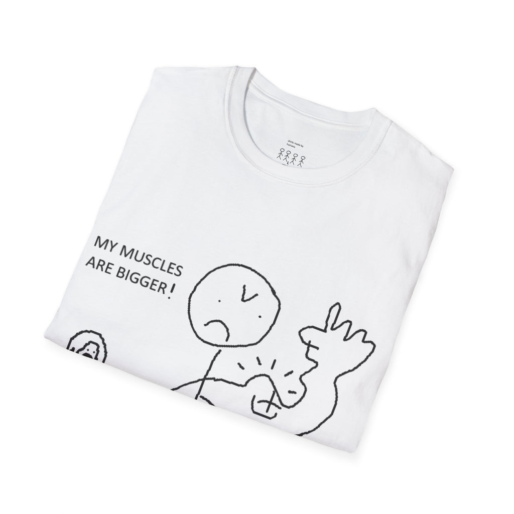 Funny Muscle Flex T-Shirt – 'My Muscles Are Bigger! Silence!!!' Stick Figure Gym Tee