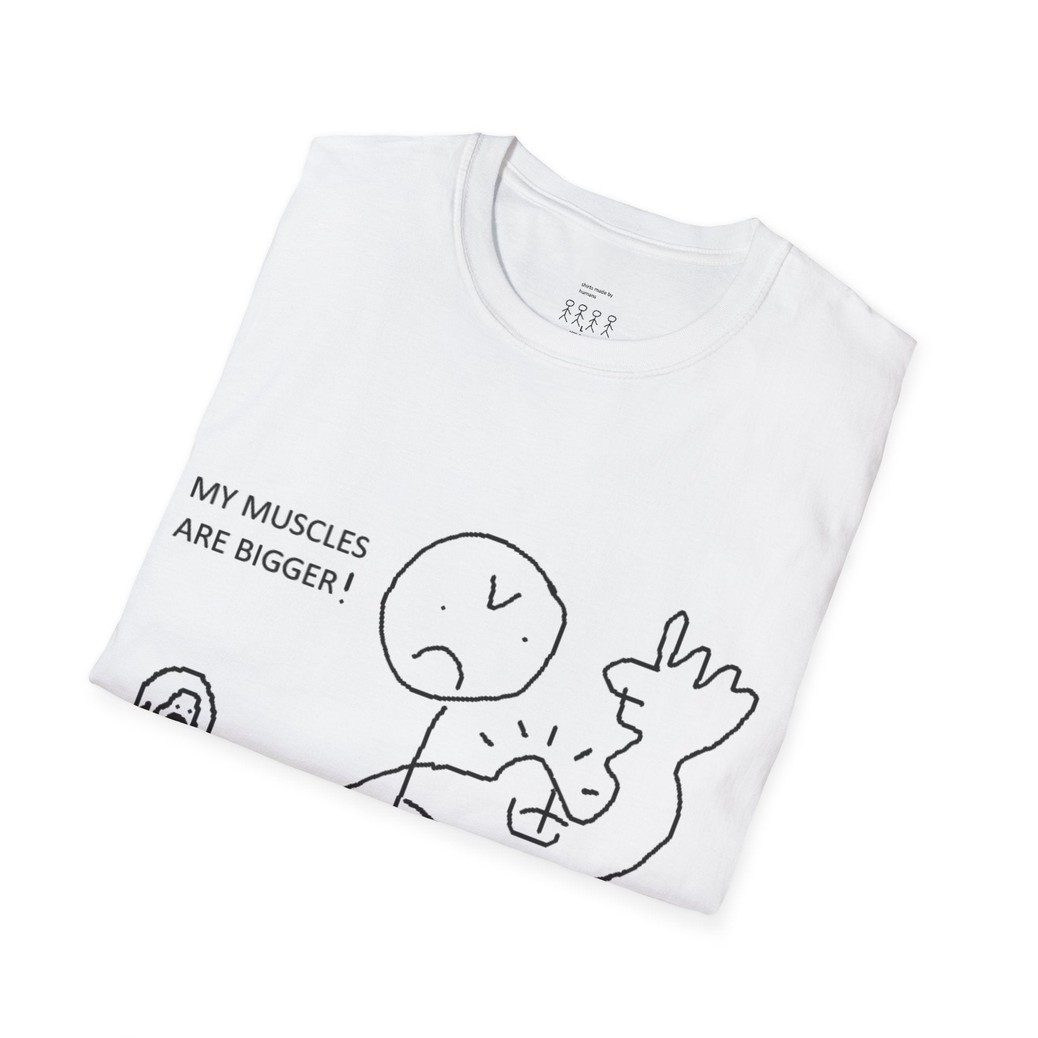 Funny Muscle Flex T-Shirt – 'My Muscles Are Bigger! Silence!!!' Stick Figure Gym Tee