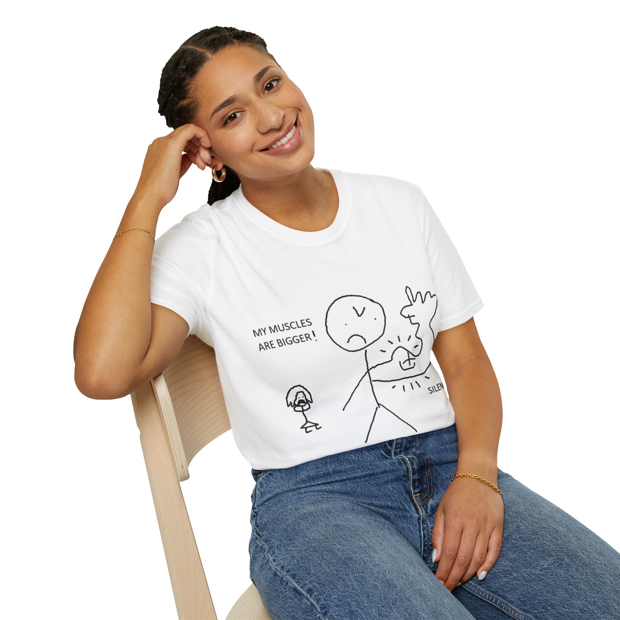 Funny Muscle Flex T-Shirt – 'My Muscles Are Bigger! Silence!!!' Stick Figure Gym Tee